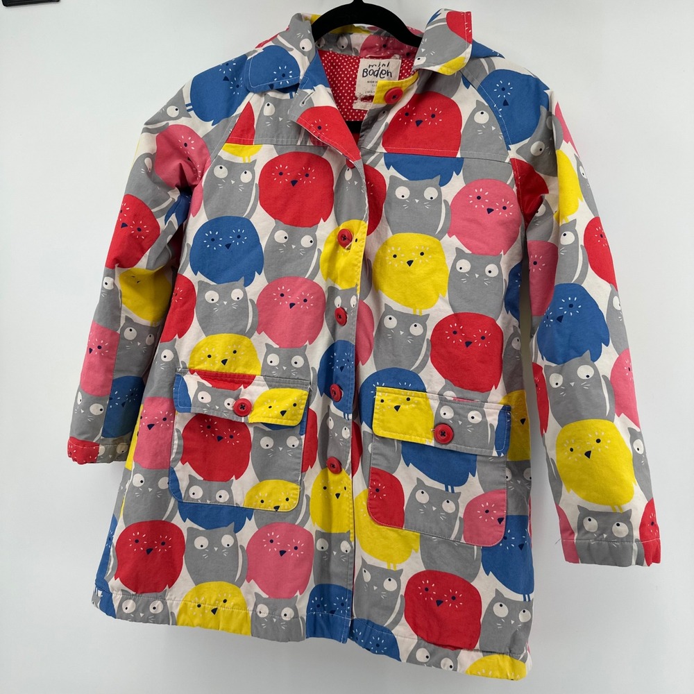 Mini Boden Kids Colorful Owl Print Raincoat Hooded Jacket fleece lined 11-12 yr